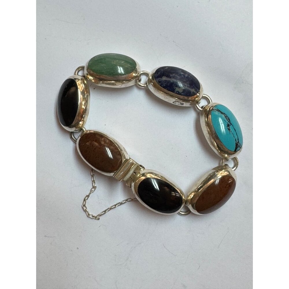 Size 7 Unbranded Mexico 925 Sterling Silver Bar Link Bracelet w/ Multiple Gems